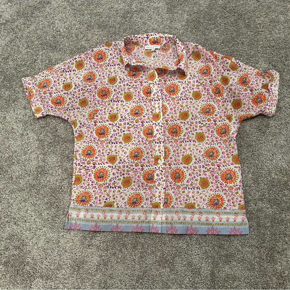 maison d’amelie, small button up top, light material, fun colorful pattern.